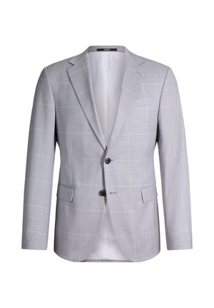 Lichtgrijs herenkostuumjasje met subtiel ruitpatroon, twee knopen aan de voorkant, revers met inkeping en klepzakken.