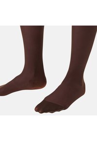 Braune Strumpfhosen aus glattem, blickdichtem Material. Sie verfügen über ein nahtloses Design, eine verstärkte Zehenpartie und einen bequemen Bund.