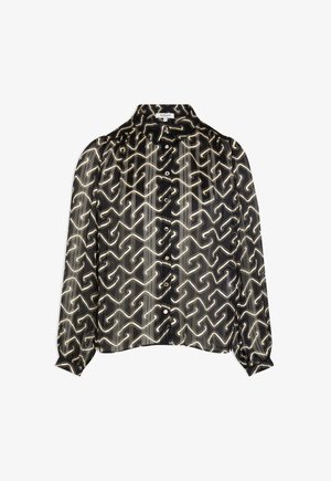 Schwarz-beige gemusterte Bluse mit durchgängiger Knopfleiste, weichem Stoff, langen Ärmeln und lockerer Passform, die ein abstraktes Design zeigt.