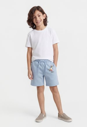 Mosolygó fiú vállig érő barna hajjal, fehér pólót, világoskék rövidnadrágot gördeszkázós rajzfilmfigurával, és bézs színű bebújós cipőt visel.