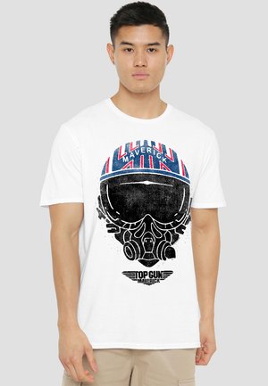 White cotton t-shirt featuring a distressed graphic of a pilot helmet with blue and red accents, labeled "Maverick" and "Top Gun."