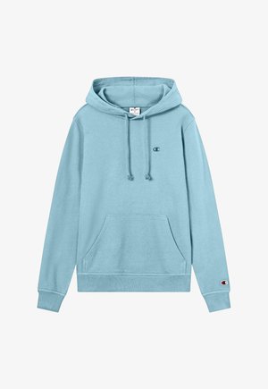Felpa Champion azzurro chiaro con tasca a marsupio frontale, cappuccio con coulisse e piccolo logo sul petto e sul polsino della manica.