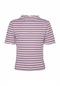 Korte mouwen top met ribbeltextuur, voorzien van horizontale strepen in lavendel, wit en koraal. Opvallende gerimpelde halslijn en zoom.
