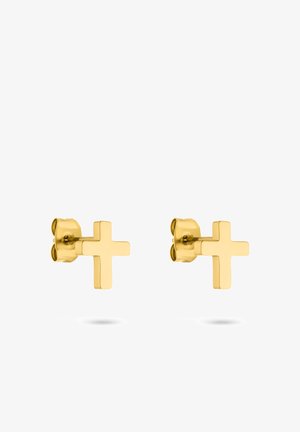 Boucles d'oreilles à clou en croix en or avec une finition polie. Design simple, avec des surfaces lisses et des arrières arrondis pour un port sécurisé.