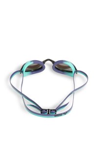 Arena zwembril met een zwart frame, donkere lenzen en verstelbare blauw-groene siliconen banden. Heeft een gestroomlijnde vorm voor minimale weerstand.