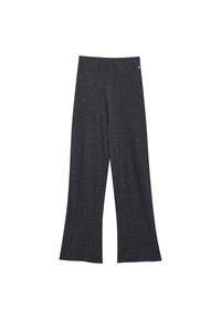 Un pantalon gris à jambes larges en tissu doux, présentant une texture lisse et un petit accent de marque à la taille.