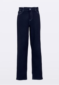 Pantaloni in denim blu scuro con design a gamba dritta, caratterizzati da cuciture bianche a contrasto e una vita standard con chiusura frontale a bottone.