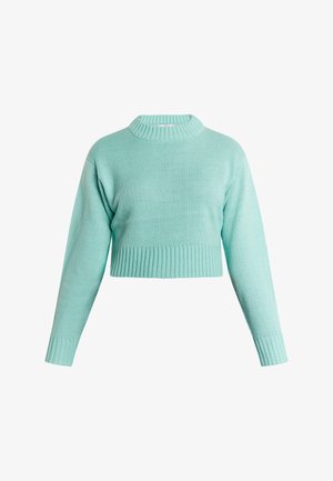 Világos mentazöld, rövid szabású pulóver bordázott nyakkivágással és hemmel, hosszú ujjakkal és texturált kötött anyagból készült.