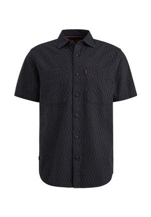 Camisa de botones de manga corta en negro oscuro con un patrón texturizado, dos bolsillos en el pecho y un cuello clásico. Tela suave y transpirable.
