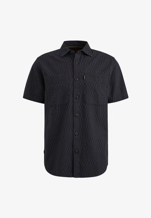 Korte mouw knoopshirt in donker zwart met een textuurpatroon, twee borstzakken en een klassieke kraag. Zachte, ademende stof.