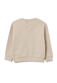 Felpa beige realizzata in tessuto misto cotone con una texture morbida, dotata di collo rotondo e polsini a costina, con dettaglio di bottoni sul retro.