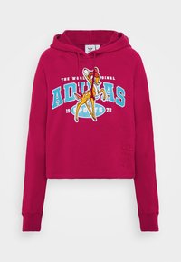 Směsový maroon cropped mikina s vyšitým designem Bambi a modrým logem Adidas. Má dlouhé rukávy a kapuci se stahovací šňůrkou, vyrobená z měkkého materiálu.