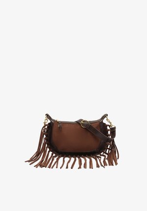 Brown suede and leather crossbody bag with gold clasp, adjustable strap, and fringe detailing along the bottom and sides.
