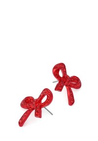 Red resin earrings shaped like bows, featuring a glossy finish and embedded with small circular accents for added texture and detail.