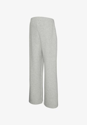 Light gray, cropped pants made of soft cotton material, featuring a wide, elastic waistband and a relaxed fit with straight legs.