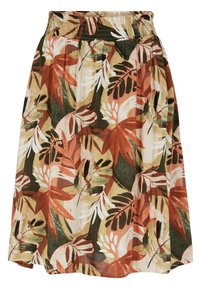 Jupe florale avec un mélange de couleurs marron, orange et verte. Fabriquée en tissu léger avec un design plissé et une taille élastique.