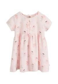 Lühikeste varrukatega roosa puuvillane kleit, millel on haldjaprindid, ümmargune kaelus ja dekoratiivsed paelad ees koos kogutud vöökohaga.