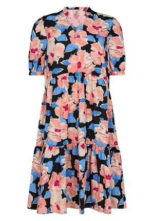 Schwarzes Kurzarmkleid mit großem rosafarbenem und blauem Blumenmuster, V-Ausschnitt, geraffter Taille und gestuftem Rock.