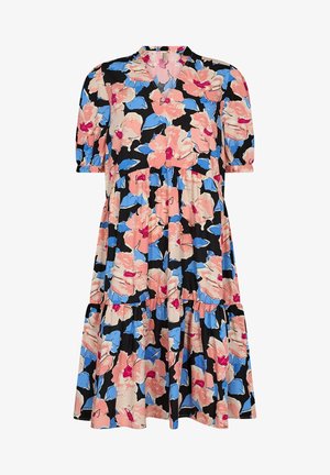 Czarna sukienka z krótkim rękawem z dużym różowo-niebieskim kwiatowym nadrukiem, dekoltem w serek, marszczoną talią i wielowarstwową spódnicą.