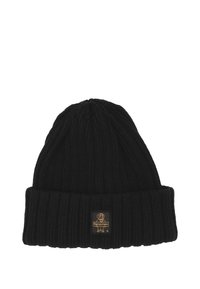 Berretto a maglia nero con una texture a coste e un risvolto. Presenta una piccola etichetta rettangolare in oro e nero sulla parte anteriore.