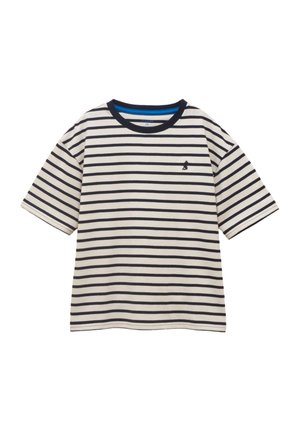 Cămașă crem cu mâneci scurte, dungi orizontale negre, guler rotund bleu închis și o mică pasăre neagră brodată pe pieptul stâng.