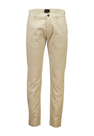 Beige chinos i bomullsmix med knapp- och dragkedja, två framfickor och en slim fit-design. Slät textur med en subtil lyster.