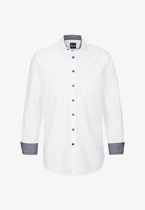 Weißes Langarmhemd mit einem gemusterten blauen Besatz an denÄrmeln und dem Kragen, ausgestattet mit dunklen Knöpfen und einer einzelnen Brusttasche.