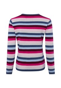 Trui met lange mouwen met horizontale strepen in marineblauw, lichtblauw, roze, grijs en bordeauxrood, vanaf de achterkant weergegeven op een witte achtergrond.