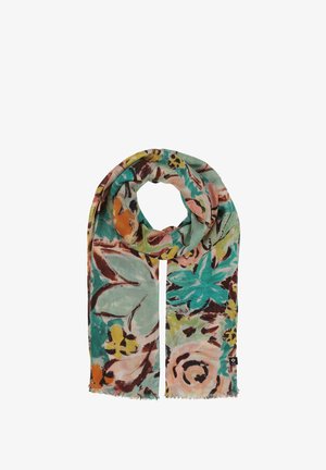 Cvetlična šal iz lahkega materiala, ki ima turkizno osnovo z večbarvnimi cvetovi in resicami na robovih.