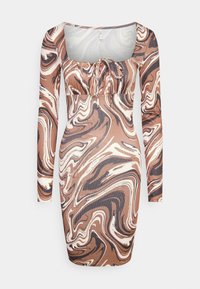 Vestido de mangas compridas com decote quadrado, frente franzida e um padrão de mármore espiralado em tons de castanho e creme em tecido canalizado. Design justo.