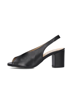 Zwart openneus slingback hak met een blokhakontwerp, voorzien van een gladde leren afwerking en een stijlvolle uitsnijding aan de zijkant.