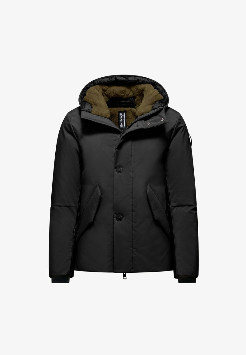 Giacca nera imbottita con cappuccio foderato in pelliccia, chiusura a bottoni, tasche laterali e polsini a coste; presenta un design elegante e caldo.