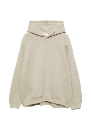 Beżowa oversize bluza z kapturem, z długimi raglanowymi rękawami, ściągaczami na rękawach i u dołu oraz dużym kapturem, prezentowana na białym tle.