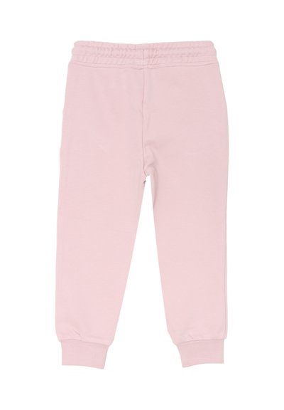 Pantaloni da jogging per bambini di colore rosa chiaro con vita elastica e caviglie con polsino, mostrati distesi su uno sfondo bianco.