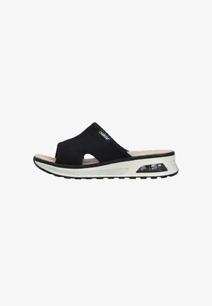 Black mesh slide sandal with a thick white sole, featuring a cushioned insole and a clear accent window. Textured grip on the outsole.