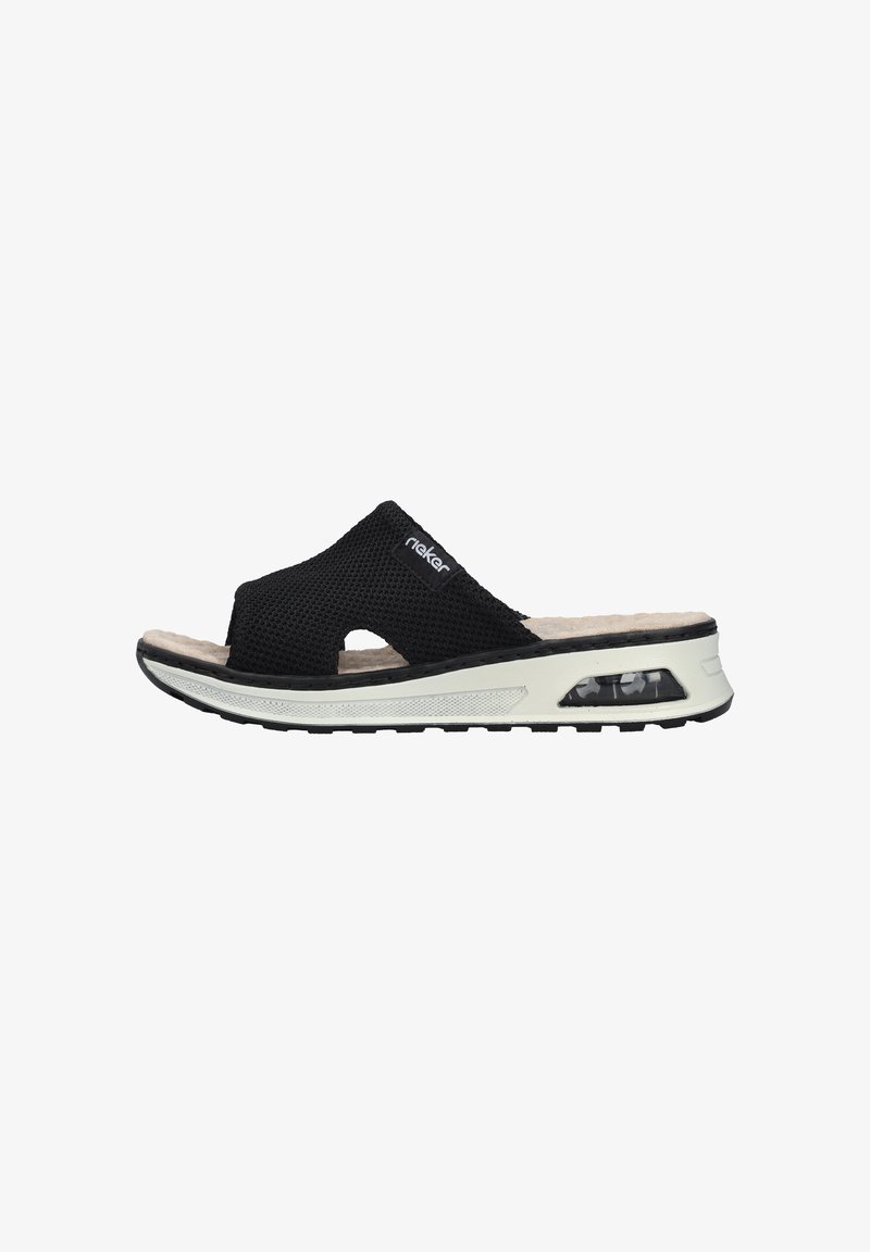 Black mesh slide sandal with a thick white sole, featuring a cushioned insole and a clear accent window. Textured grip on the outsole.
