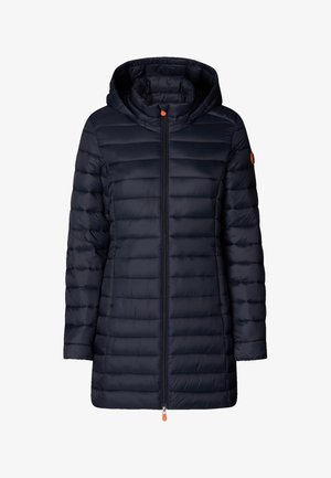 Laivastonsininen pitkähihainen tikattu untuvatakki hupulla, etuvetoketjulla ja hillityllä logopatchilla vasemmassa hihassa.