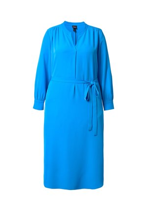 Blaues knielanges Kleid aus glattem Stoff, mit langen Ärmeln, einem V-Ausschnitt und einem gebundenen Taillengürtel für eine verstellbare Passform.