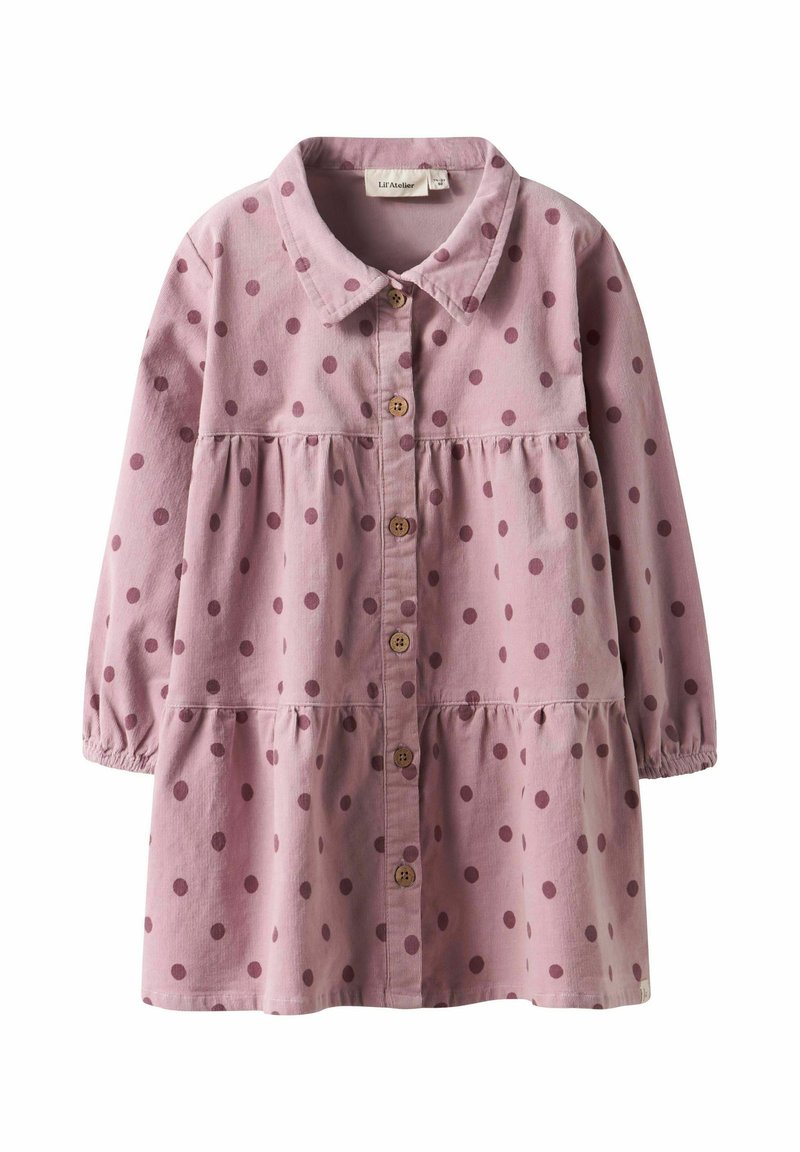 Rosa Knopfverschlusskleid mit Kragen, das ein gestuftes Design und dunkelrosa Punkte aufweist. Hergestellt aus einem strukturierten Stoff mit elastischen Ärmeln.