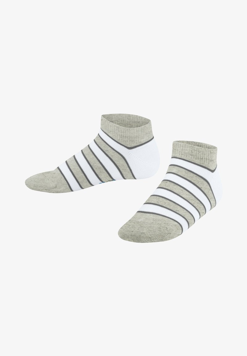 Skarpetki w paski w odcieniach jasnoszarego, białego i ciemnoszarego. Wysokość do kostki, z prążkowanymi mankietami i gładką powierzchnią.