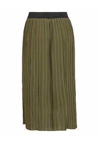 Olivgrön veckad midikjol med en texturerad yta och ett svart midjeband. Kjolen faller graciöst ner till under knäet.