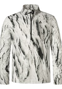 Langarm-Pullover, hoher Kragen, weißes und schwarzes, von Gletschern inspiriertes Muster, halblanger Reißverschluss, leichtes Material mit strukturierter Oberfläche.