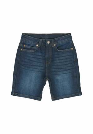 Shorts de denim en azul oscuro con un corte clásico, que cuentan con bolsillos frontales, cierre de cremallera y detalles de costura visibles.