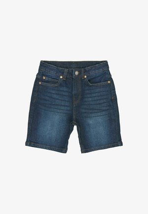 Shorts de denim en azul oscuro con un corte clásico, que cuentan con bolsillos frontales, cierre de cremallera y detalles de costura visibles.