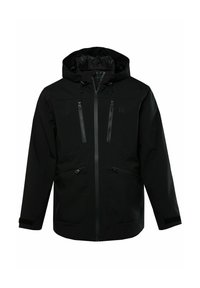 Schwarze wasserdichte Jacke mit Kapuze, zwei Reißverschlusstaschen auf der Brust, zwei Reißverschlusstaschen an der Seite und verstellbaren Bündchen. Glatte Textur und minimalistisches Design.