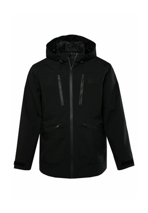 Schwarze wasserdichte Jacke mit Kapuze, zwei Reißverschlusstaschen auf der Brust, zwei Reißverschlusstaschen an der Seite und verstellbaren Bündchen. Glatte Textur und minimalistisches Design.