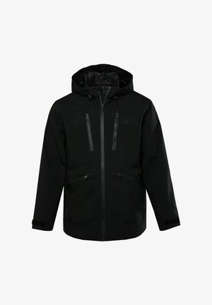 Schwarze wasserdichte Jacke mit Kapuze, zwei Reißverschlusstaschen auf der Brust, zwei Reißverschlusstaschen an der Seite und verstellbaren Bündchen. Glatte Textur und minimalistisches Design.