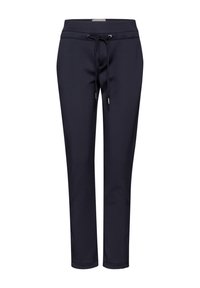 Navy blue jogger pants made of soft fabric, featuring an elastic waistband with adjustable drawstrings and a tapered leg design.