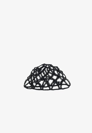 Accessoire pour cheveux noir perlé avec une structure en treillis ouverte type filet, présenté sur fond blanc.