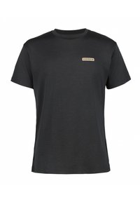 Zwarte korte mouwen t-shirt met een ronde halslijn en een klein logo op een lichte achtergrond aan de linkerkant. Soepele textuur, casual pasvorm.